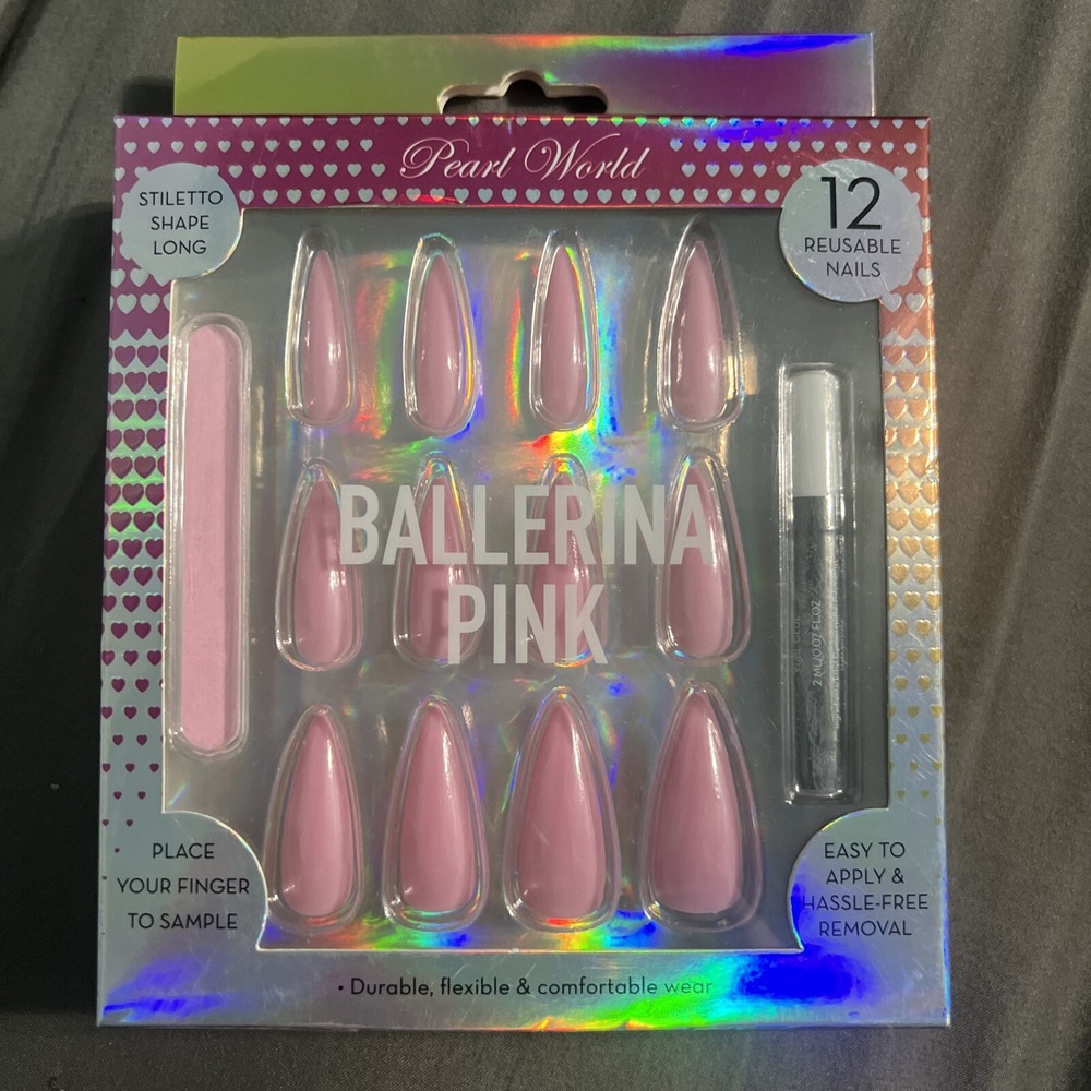 STILETTO Ballerina Pink Full Cover Pink Gloss 12 Nails Tips Press On Glue Set